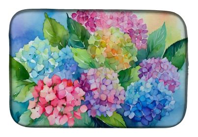 Hydrangeas in Watercolor Dish Drying Mat Absorbent Dish Drying Mat Pad for Kitchen Counter Dish Drainer Mat for Countertop, 14 x 21", Multicolor