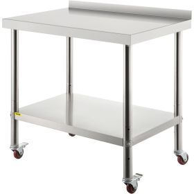 VEVOR Stainless Steel Prep Table, 30 x 24 x 35 Inch, 440lbs Load Capacity Heavy Duty Metal Worktable with Backsplash Adjustable Undershelf & 4 Ca